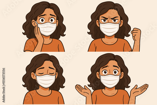 Set of a young woman wearing a protective face mask showing various emotions. Cartoon character with different feelings: anger, sadness, shock, confusion. Pandemic concept. Vector.