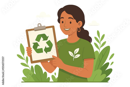 Eco conscious woman promoting sustainability and a green lifestyle. Environmental activist character holding a clipboard with recycle symbol. Ecology and zero waste concept vector.