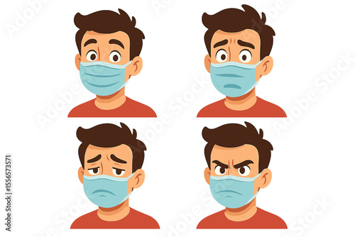 Collection of male character facial expressions wearing a protective face mask. Cartoon vector illustration set of a man feeling angry, sad, worried, and surprised. Pandemic concept.