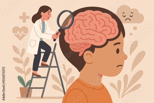 Child mental health concept. Female psychologist on ladder examines sad kid's brain. Pediatric therapy, counseling for depression, anxiety, psychological disorder. Neurology.