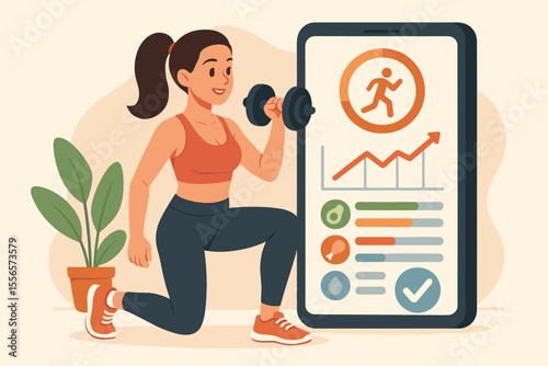 Fit woman exercising with dumbbell using fitness mobile app for tracking workout progress and diet. Healthy lifestyle, nutrition plan, and online training concept vector illustration.