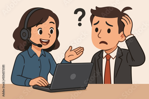 Customer support agent helps confused man with a problem. Friendly female call center operator with headset and laptop providing assistance. Helpdesk, FAQ, troubleshooting, consultation.