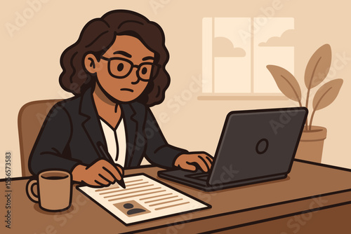 Focused professional woman writing resume and crafting compelling CV on laptop at office desk. Job seeker applying for employment. Human resources, hiring, career concept cartoon.