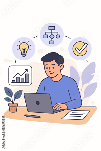 Project management life cycle concept. Businessman at desk with laptop developing strategy. From creative idea and planning with flowchart to successful completion and business growth.