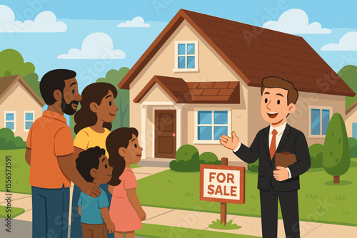 Real estate agent showing a house to a happy Black family. Realtor presenting a new suburban home for sale to a couple with children. Property, mortgage, investment concept vector.