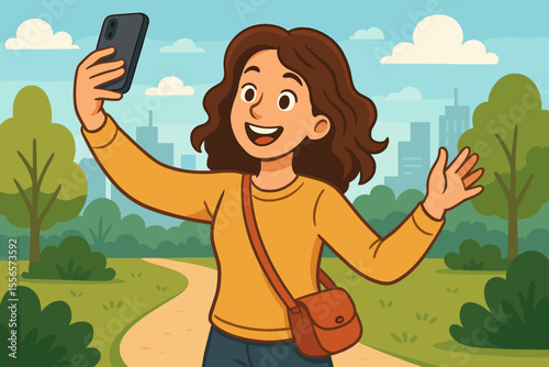 Happy young woman taking a selfie photo with a smartphone camera outdoors in a city park. Cheerful girl vlogging for social media. Modern lifestyle with technology. Vector cartoon illustration.