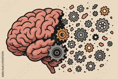 Metaphor for mental breakdown, dementia, Alzheimer's. Human brain collapsing into gears. Concept of memory loss, stress, burnout, cognitive decline, psychological disorder.
