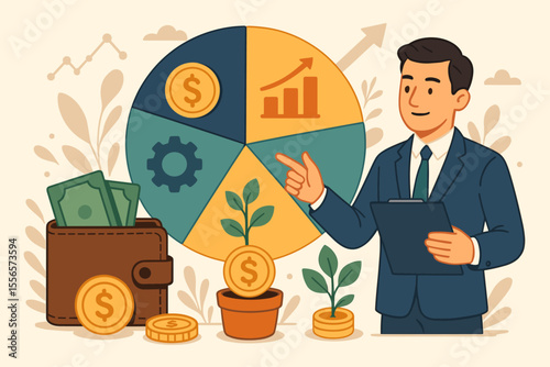 Financial advisor explaining portfolio diversification for stable growth. Asset management concept with pie chart, money, and growing plants. Investment strategy for wealth. Vector.