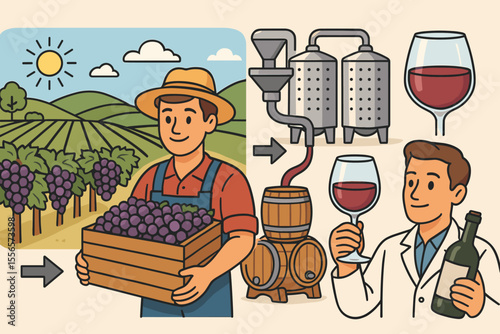 Winemaking process infographic from grape harvest to glass. Farmer in vineyard, wine production line with fermentation tanks, aging in oak barrels, and winemaker. Cartoon vector illustration.
