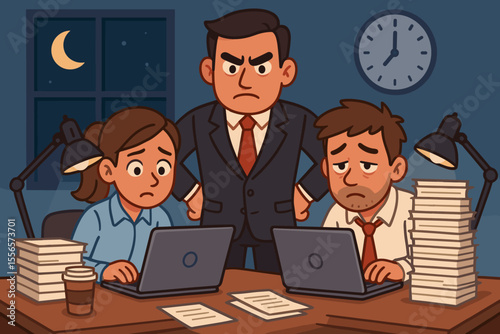 Overworked office employees working late at night under strict boss supervision. Cartoon vector illustration of stressed business team, paperwork overload, deadline pressure, corporate overtime scene