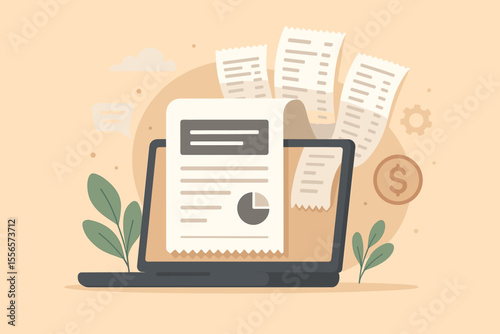 Digital invoice and billing management concept. Online receipts, electronic bills, financial documents emerging from laptop screen. Modern accounting, payment, finance technology vector illustration