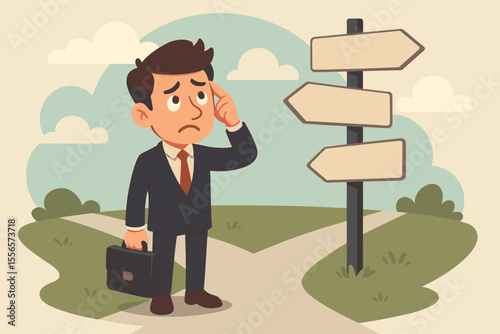 Confused businessman at career crossroads making difficult decision, standing at intersection with blank direction signs, concept of choices, uncertainty, business dilemma, vector cartoon illustration