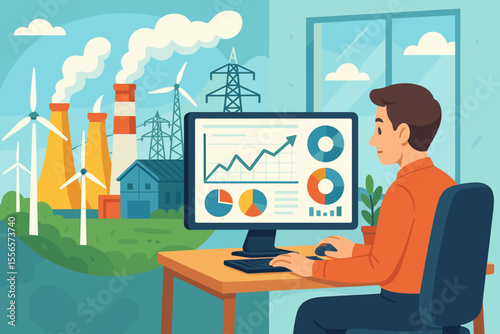 Energy production analysis at power plant. Data analytics dashboard on computer. Renewable wind turbines, power lines, factory, smoke stacks. Electricity generation monitoring. Vector illustration