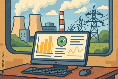 Power plant energy production analysis, computer monitoring data, industrial electricity generation, smokestacks, power lines, control room, environmental impact, vector cartoon illustration