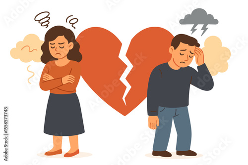 Relationship crisis, divorce, breakup concept. Sad couple, broken heart, emotional conflict, separation, unhappy man and woman, argument, stress, mental health, cartoon vector illustration
