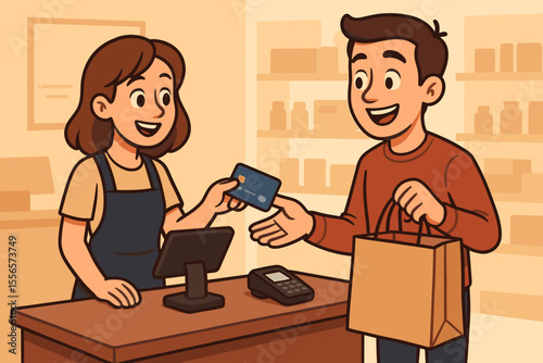 Cartoon vector illustration of customer making cashless payment with credit card at retail store checkout counter, cashier processing transaction, shopping bag, modern contactless purchase concept