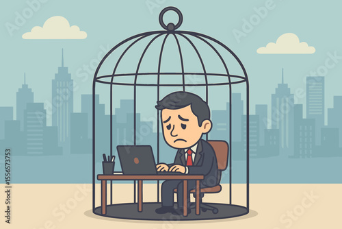 Businessman Trapped in Birdcage Office Desk Concept, Corporate Burnout, Workplace Stress, Isolation, Overwork, Urban Cityscape Background, Vector Cartoon Illustration, Metaphor for Job Pressure