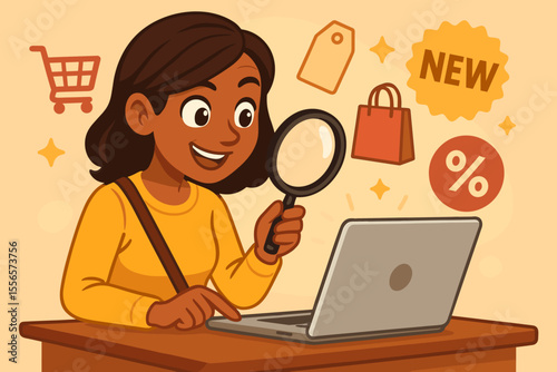 Smart Female Shopper Searching Online for Best Deals, Discounts, Bargains, New Products, Price Tags, Shopping Cart, E-commerce, Digital Retail Vector Illustration