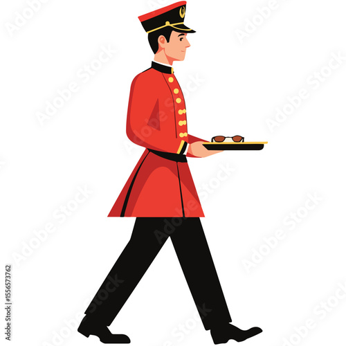 A waiter in a suit holds a tray. Waiter with a dish. Cartoon Vector