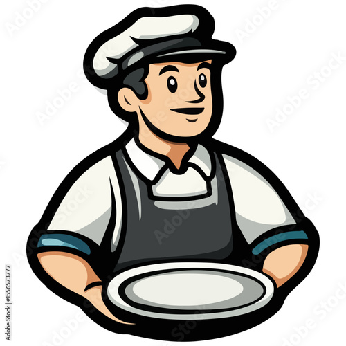 A waiter in a suit holds a tray. Waiter with a dish. Cartoon Vector