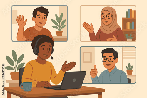 Diverse Team Virtual Meeting Collaboration. Remote Work Video Conference Call. Online Communication, Multicultural Group Discussion, Digital Workspace, Home Office, Technology Connection Concept
