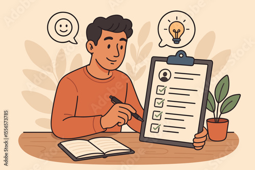 Personal Development and Self-Assessment Planning Concept. Cartoon Man with Checklist, Goal Setting, Productivity, Growth Mindset, Success Strategy, Motivation, Ideas, Positive Thinking