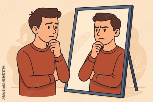 Thoughtful man self-reflection concept. Cartoon person gazing into mirror, pondering identity, introspection, personal assessment, mental health, psychology, self-awareness, emotional well-being