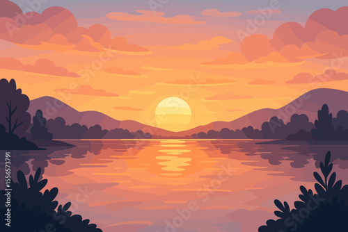 Peaceful sunset landscape over calm lake with glowing sun, colorful clouds, mountain silhouettes, water reflections, tranquil nature scene, vector cartoon illustration, serene evening outdoors