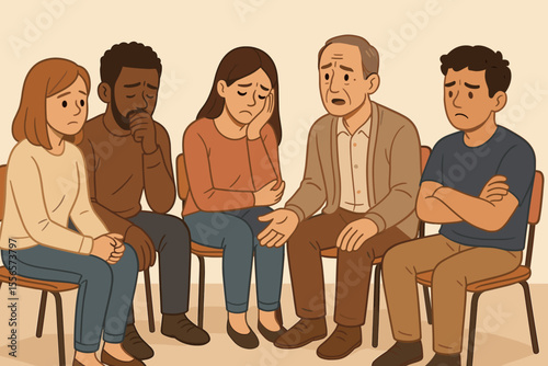 Diverse support group therapy session. People sharing emotions, mental health struggles, counseling, recovery, addiction, depression, communication, teamwork, empathy. Vector illustration.