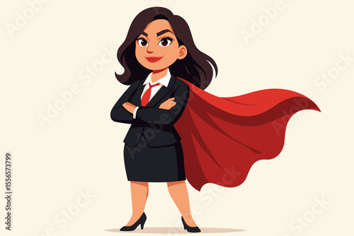 Confident businesswoman superhero in suit and red cape, arms crossed, leadership, empowerment, success, female executive, powerful woman, motivation, vector cartoon illustration