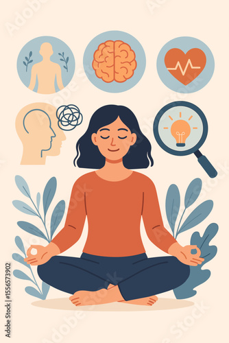 Mindfulness meditation benefits vector illustration. Woman practicing yoga for mental health, emotional balance, body wellness, stress relief, creativity, idea search, brain and heart health concept