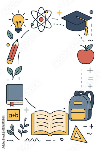 Modern Education Frame Vector Illustration with School Supplies, Books, Graduation Cap, Science Atom, Apple, Backpack, Pencil, Light Bulb, Math Symbols, Flat Cartoon Design for Learning Concepts