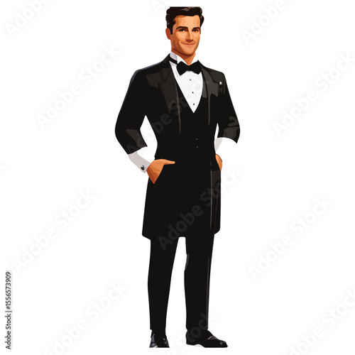 A waiter in a suit holds a tray. Waiter with a dish. Cartoon Vector