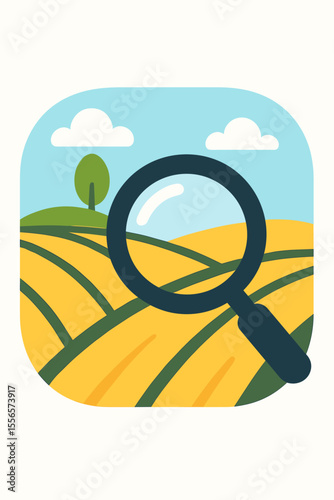 Agriculture field search icon. Modern flat vector illustration of farmland landscape with magnifying glass. Crop analysis, land inspection, farm research, agronomy, agricultural technology concept.
