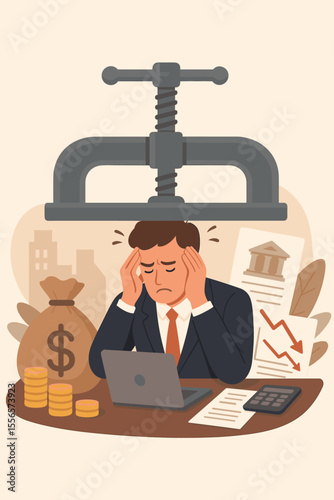 Stressed office worker under financial pressure, economic crisis, business bankruptcy, unpaid loan debt, money loss, headache, stress, financial problems, cartoon vector illustration