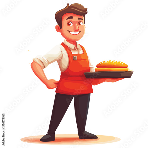 A waiter in a suit holds a tray. Waiter with a dish. Cartoon Vector