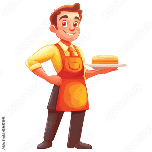 A waiter in a suit holds a tray. Waiter with a dish. Cartoon Vector