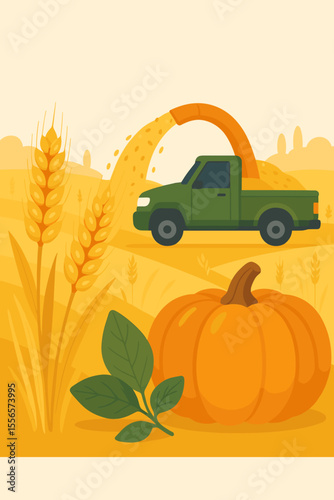 Modern flat vector illustration of autumn harvest with green pickup truck collecting crops, ripe wheat and barley ears, large pumpkin, green leaves, rural farmland landscape, agriculture concept