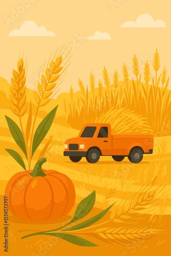 Autumn Harvest Scene with Pickup Truck, Pumpkin, Wheat Ears, Barley, Rye, and Rolling Fields. Modern Flat Vector Illustration of Farming, Agriculture, Crop Gathering, Rural Countryside Landscape