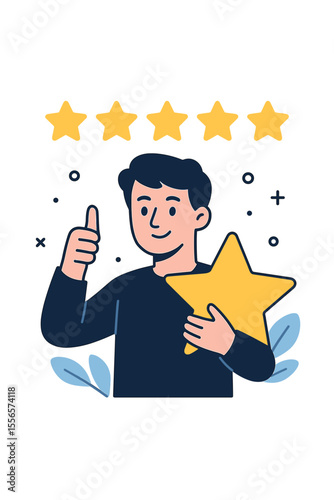 Five star rating vector illustration. Customer satisfaction, positive feedback, user review, quality service, best performance, thumbs up, holding star, modern flat cartoon, evaluation concept