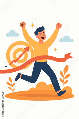Achievement Success Concept. Happy Man Crossing Finish Line First, Celebrating Victory, Leadership, Reaching Goal, Motivation, Ambition, Business Winner, Career Progress, Personal Growth, Triumph