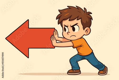 Determined boy pushing large red arrow left. Cartoon child showing resistance, effort, opposition, challenge, perseverance, motivation, determination. Vector illustration, no text, isolated background