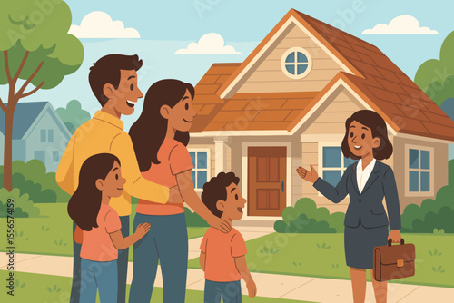 Happy family viewing a house with a real estate agent. Couple with kids buying a new home. Female realtor showing property in a suburban neighborhood. Mortgage and investment.