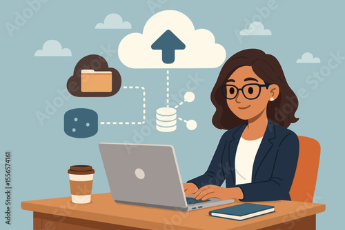 Businesswoman remote work laptop cloud computing technology. Office desk, coffee cup, data storage, file sharing, digital workflow, online collaboration, wireless internet, vector illustration