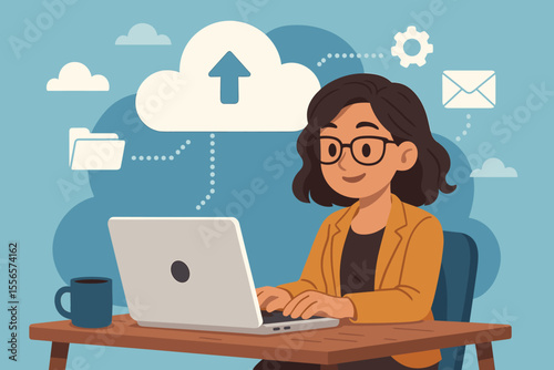 Remote work concept illustration. Professional woman using laptop at desk with cloud computing, file sharing, email, data storage, digital workflow, online collaboration. Modern office vector.