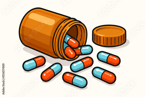 Prescription medicine capsules spilling from an open pill bottle. Vector concept for drug abuse, addiction, overdose, or healthcare. Pharmaceutical industry cartoon illustration isolated.