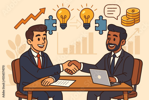Business partnership and negotiation concept. Diverse businessmen shaking hands for a successful agreement. Collaboration, investment, financial deal, teamwork and growth vector.