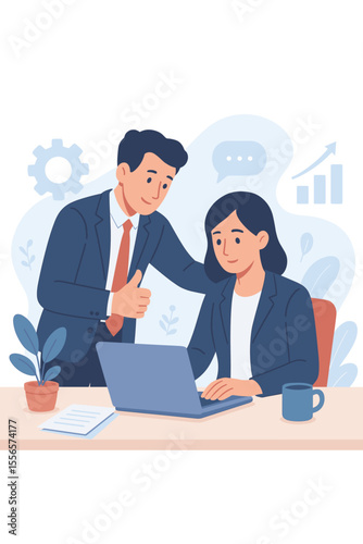 Business mentor supports employee. Manager gives thumbs up for good job. Teamwork, success, and positive feedback in corporate office. Leadership and guidance. Flat vector concept.