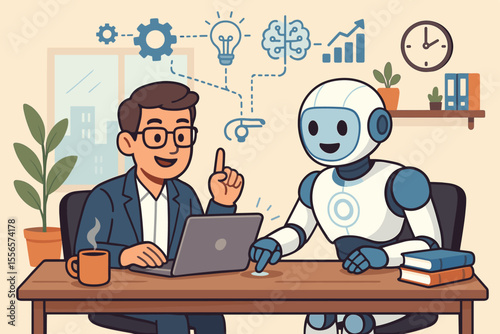 Artificial intelligence enhancing human productivity. Man and robot working together on a laptop in modern office. Concept of automation, future technology, AI assistant and teamwork.