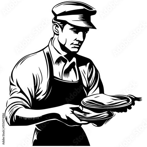 A waiter in a suit holds a tray. Waiter with a dish. Cartoon Vector